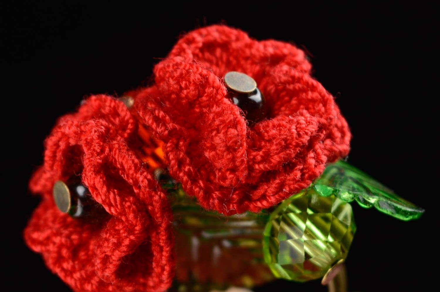 Bague tricotée au crochet rouge faite main fleurs Coquelicots pour femme photo 2