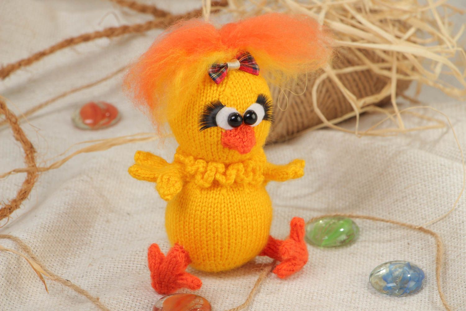 Handmade small soft toy chick knitted of acrylic threads photo 1