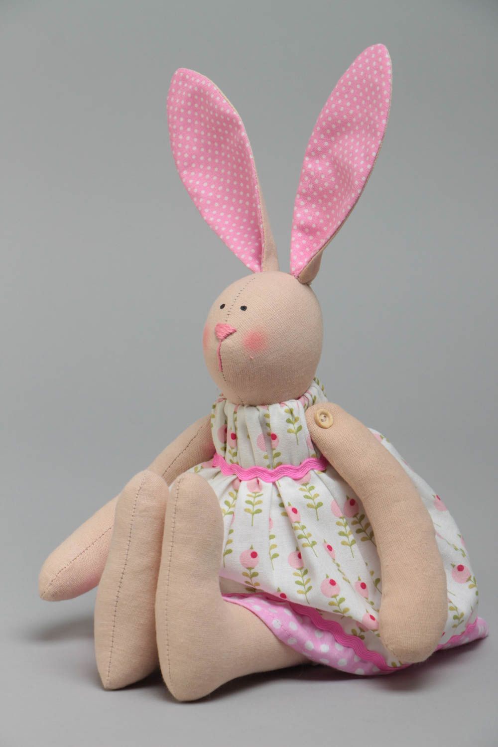 Handmade cotton fabric soft toy rabbit in floral dress with pink polka dot ears photo 2