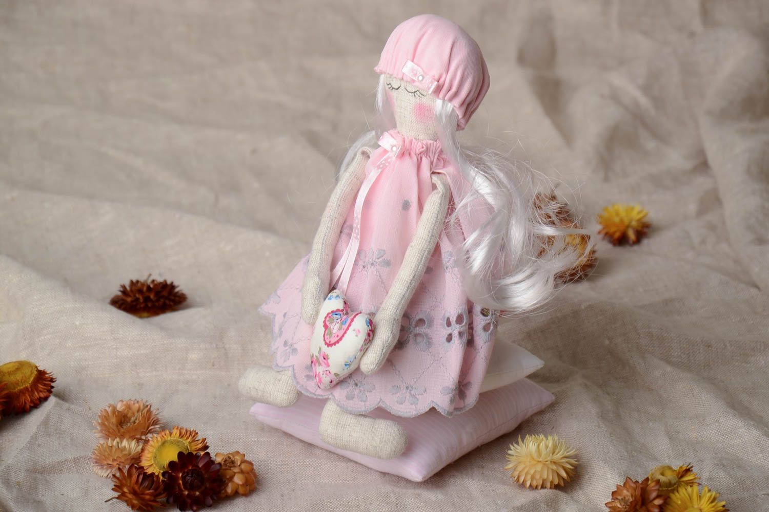 Handmade fabric soft doll princess sewn of cotton and linen in pink color palette photo 1