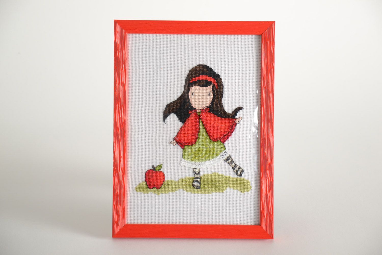 Handmade small embroidered picture with red frame Girl with Apple photo 1
