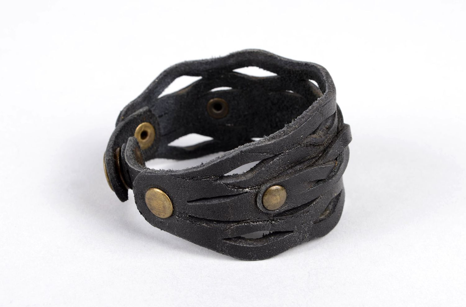 Bracelet en cuir Bijou fait main Accessoire femme large original noir design photo 1