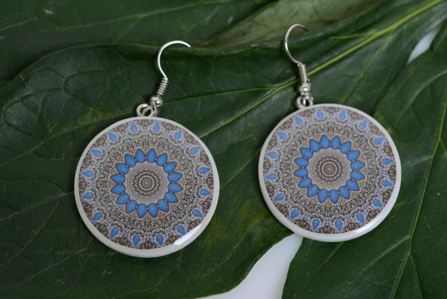 Homemade designer polymer clay round earrings in Oriental style decoupage photo 1
