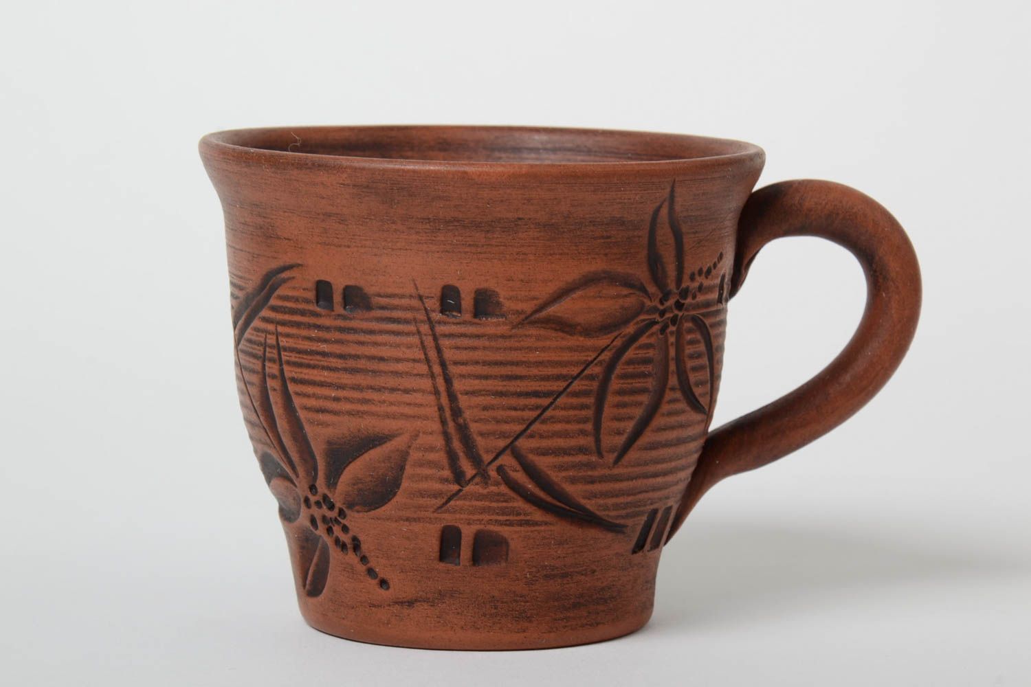 13 oz large clay light brown cup with handle and rustic simple pattern photo 2