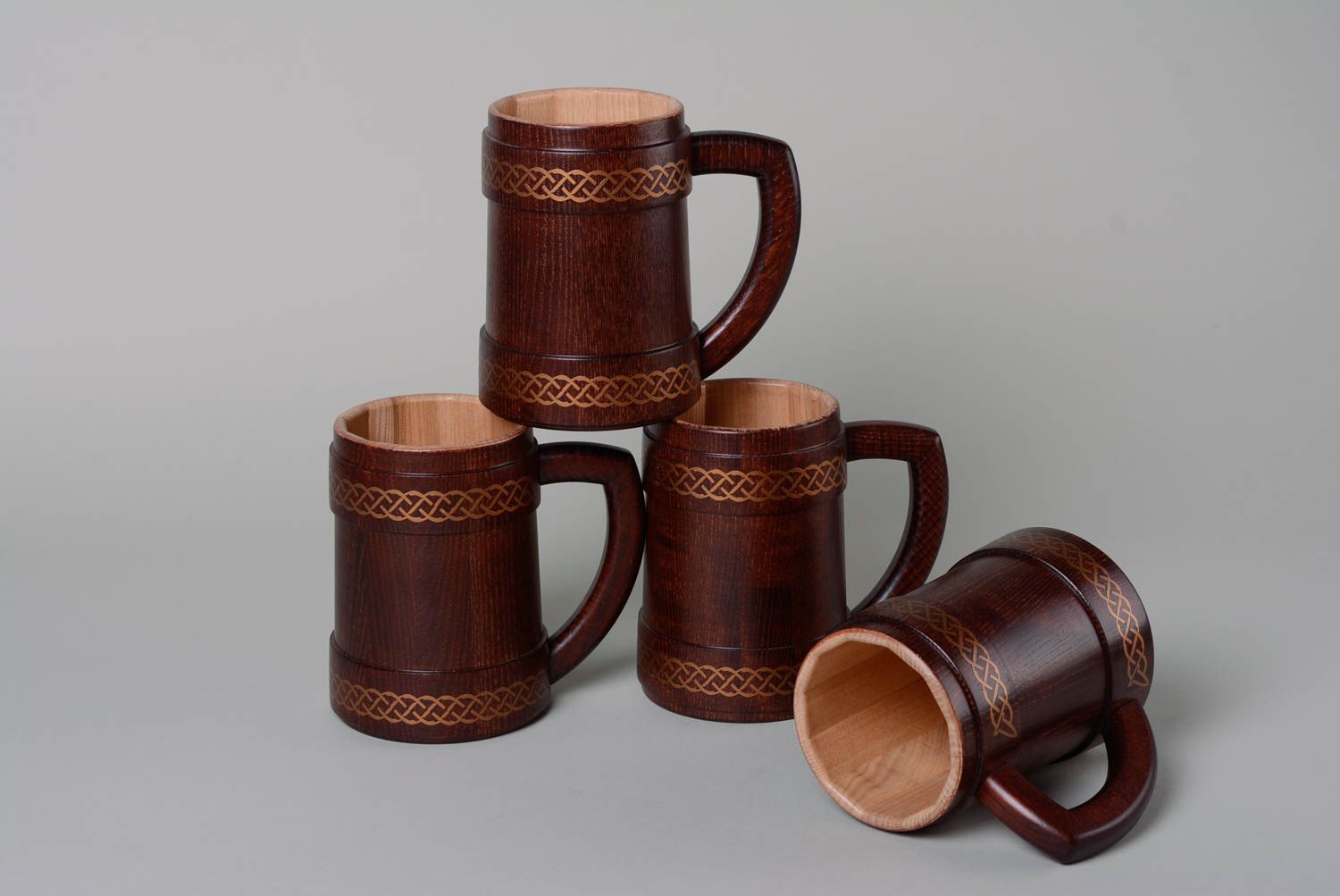 Handmade decorative varnished carved wooden beer mugs 4 items photo 2