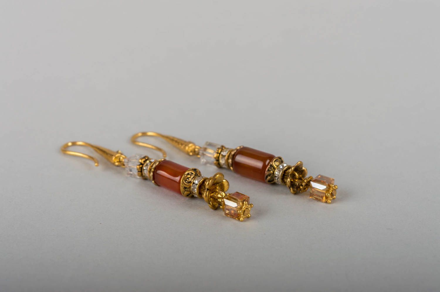 Beautiful stylish handmade designer long brass earrings with agate beads photo 4