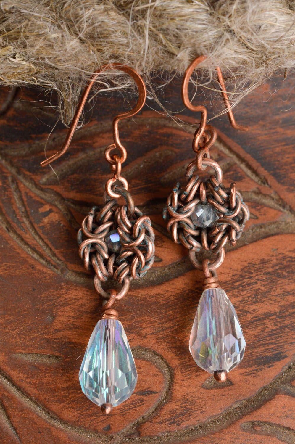 Copper earrings handmade wire wrap earrings metal earrings with charms for girls photo 1