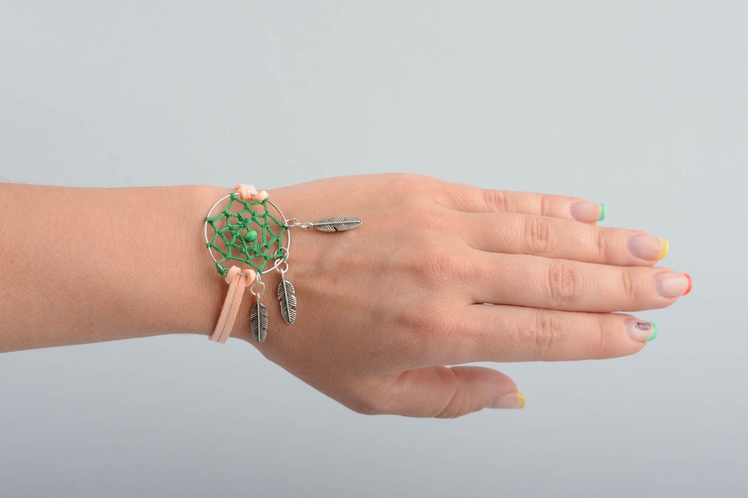 Bracelet Capteur de Rêves large rose vert fait main talisman amérindien photo 5
