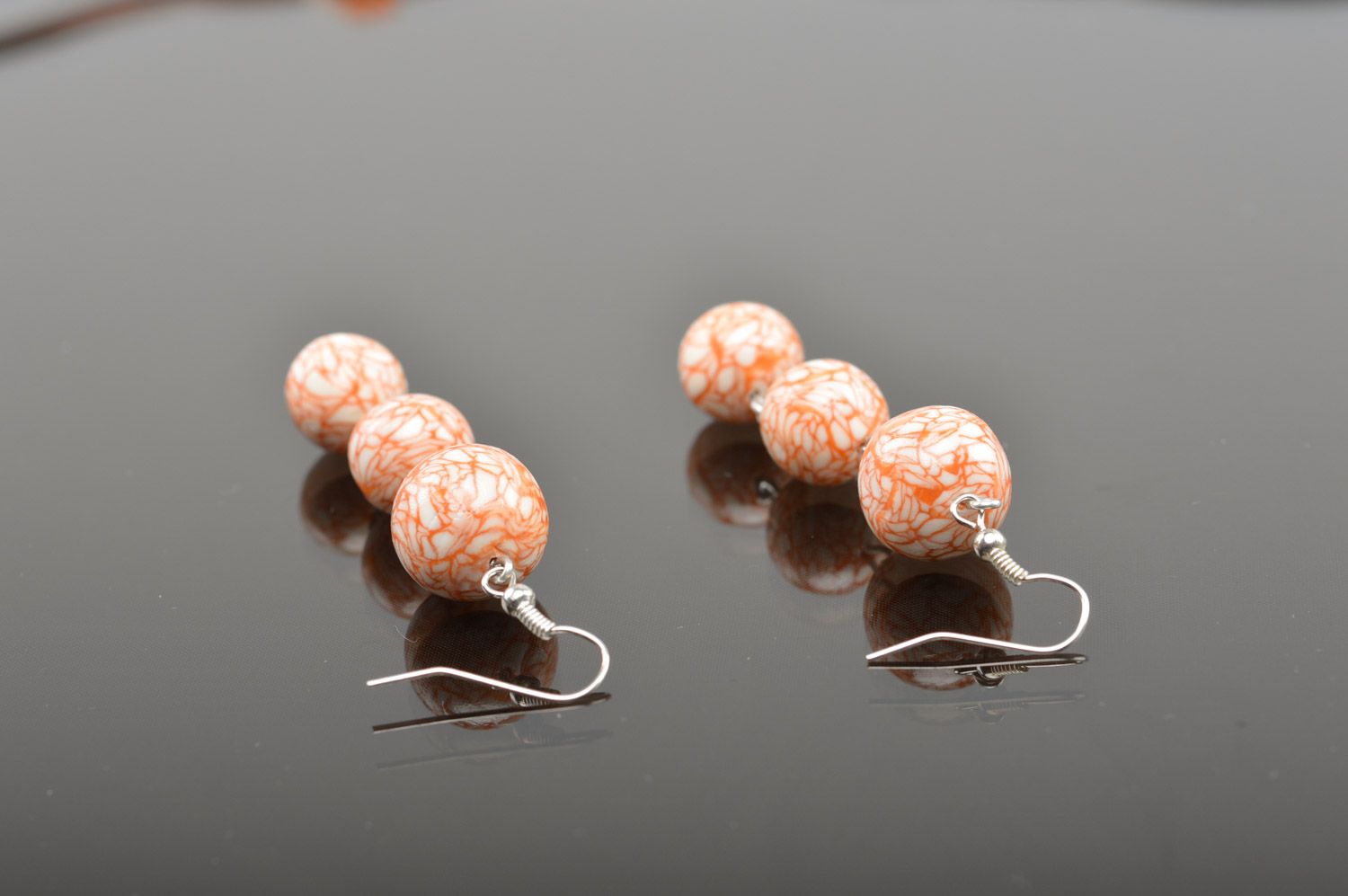 Handmade long polymer clay beaded earrings in calm colors Cobweb photo 3