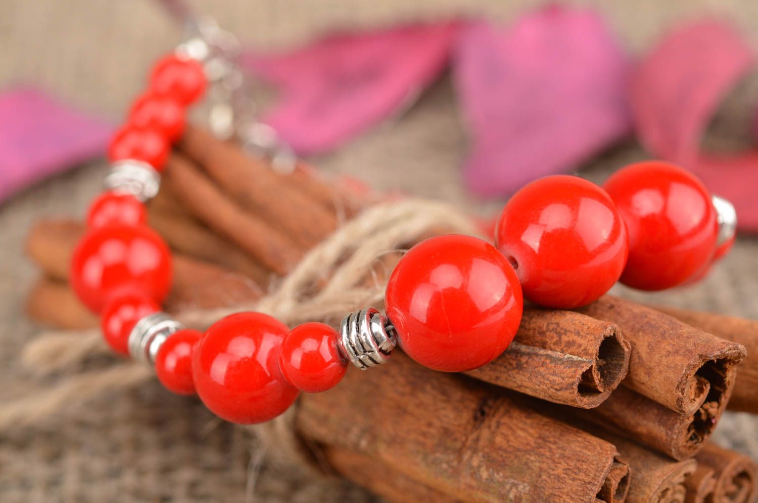 Unusual beautiful homemade designer wrist bracelet with red beads gift for girls photo 1