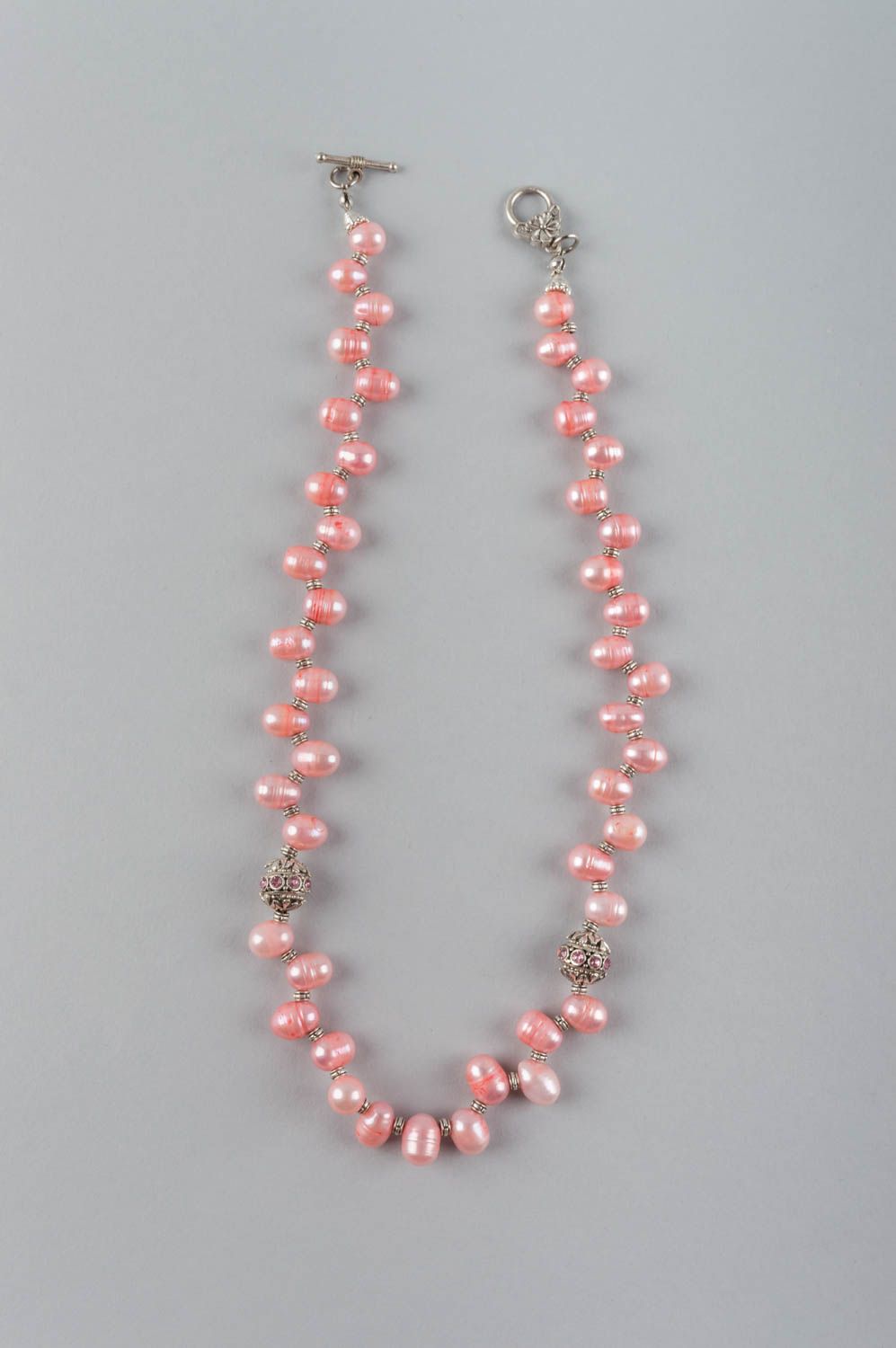 Handmade elegant designer necklace with pink pearls and latten elements for lady photo 2