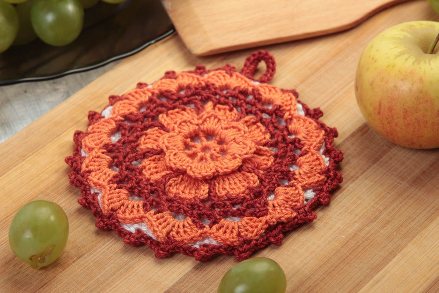 Handmade runder Topflappen gehäkelt Küchen Textilien Haus Deko orange grell foto 1