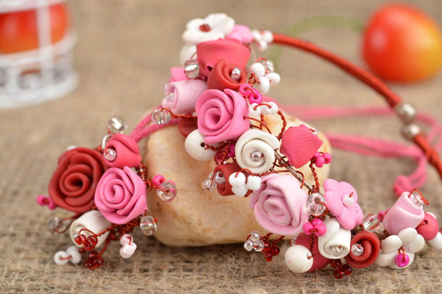 Set of polymer clay handmade jewelry bracelet and pendant in pink color photo 1