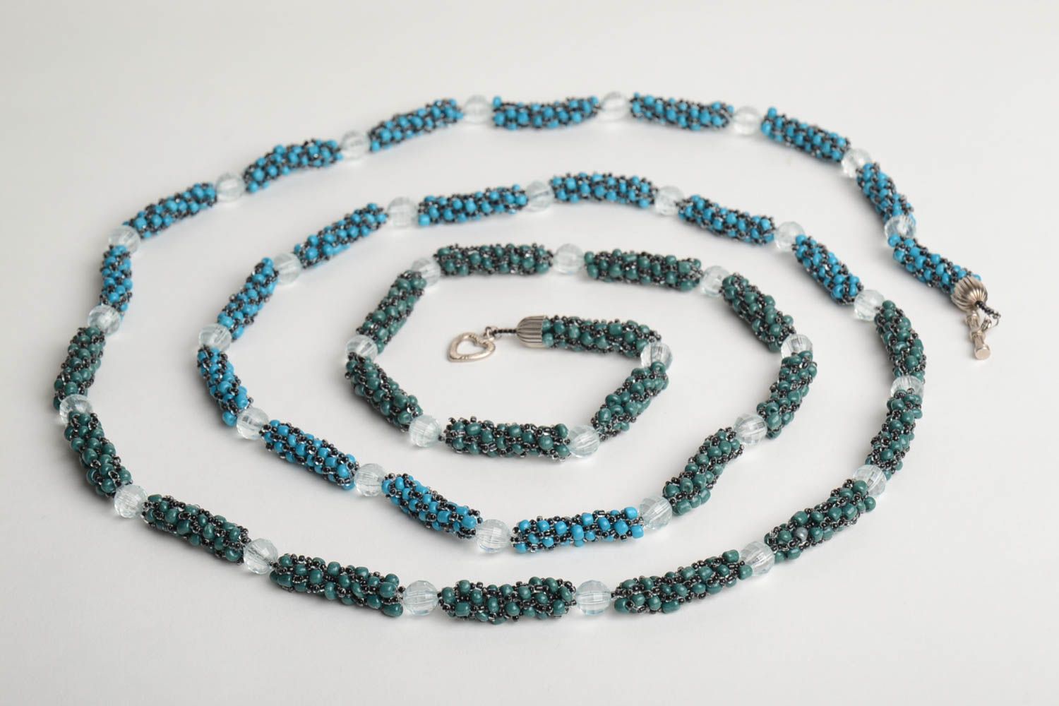 Handmade long women's necklace crocheted of Czech beads of turquoise color photo 3