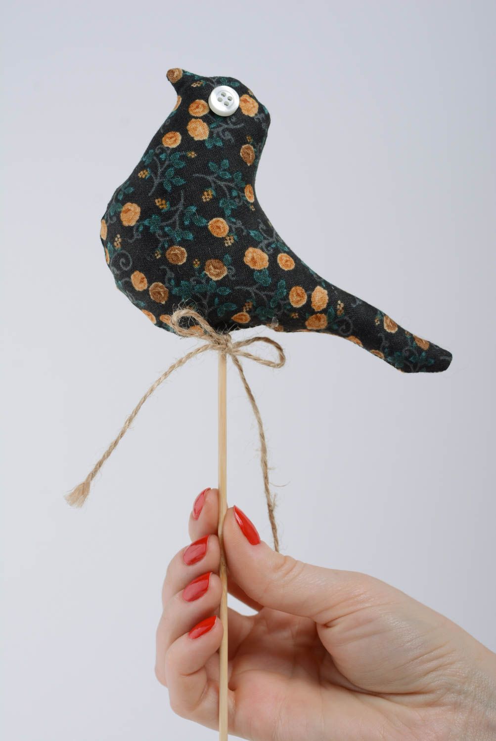 Fabric bird on a stick for flowerpots decoration blue handmade home accessory photo 4