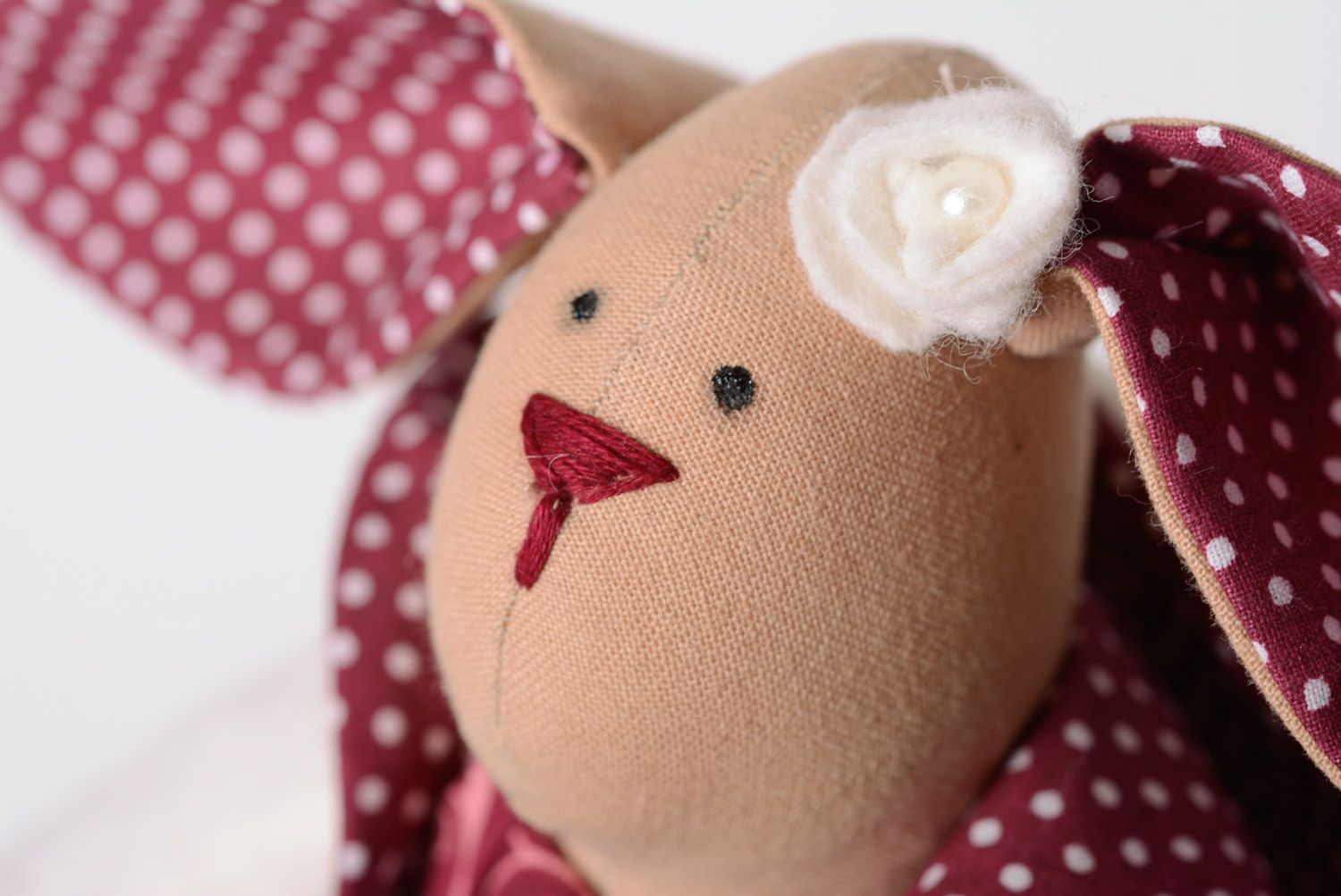 Beautiful small handmade fabric soft toy hare in nice dress  photo 2