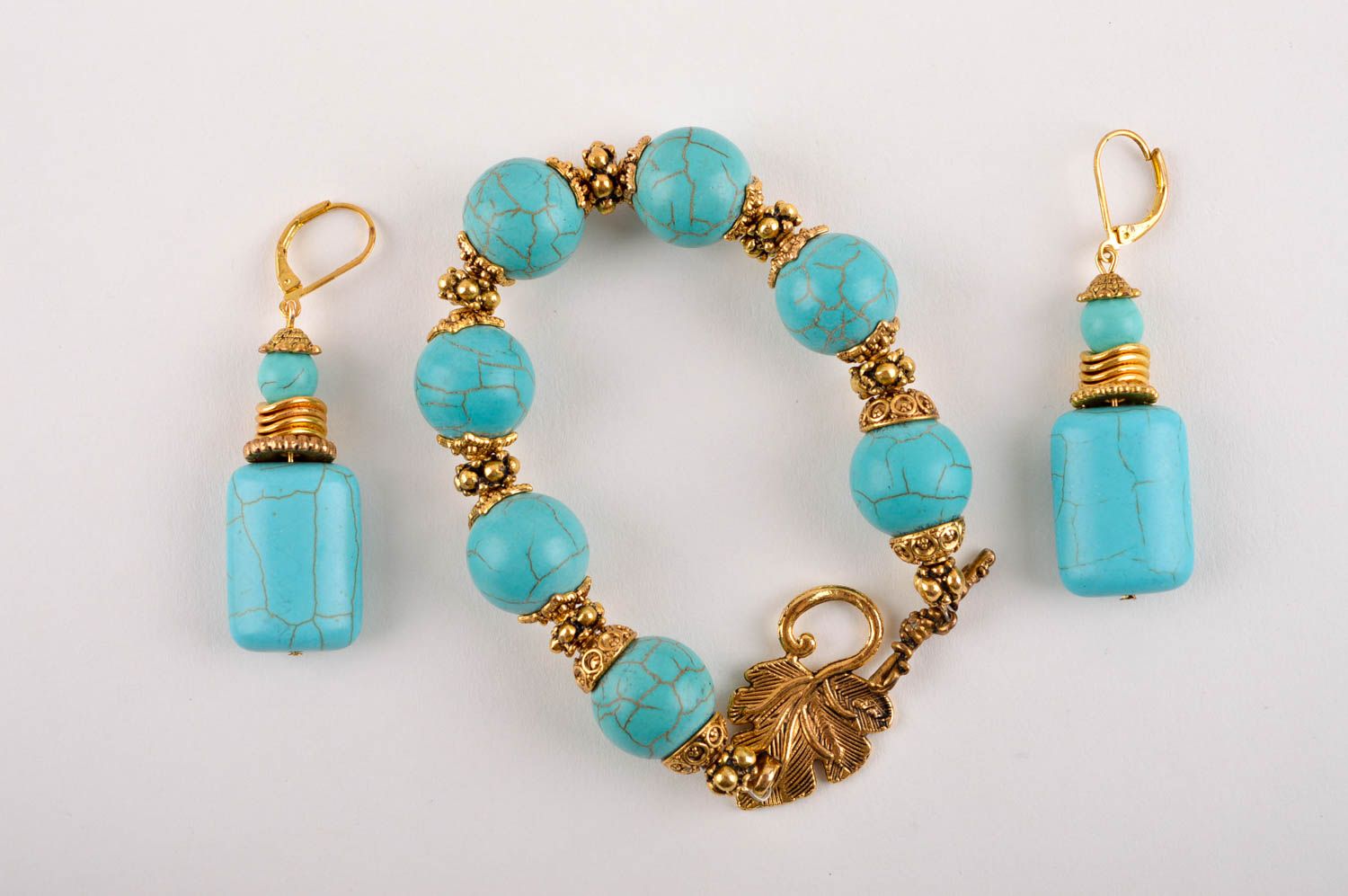Handmade gemstone jewelry set wrist bracelet turquoise dangling earrings photo 5