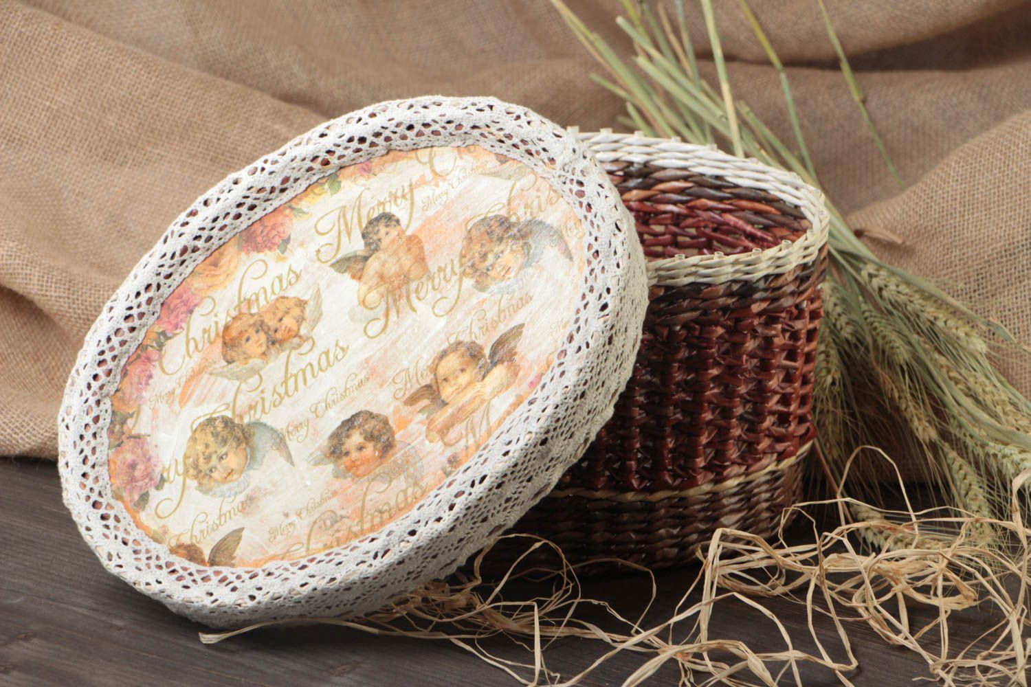 Handmade capacious round basket woven of paper tubes with lid with angel pattern photo 1