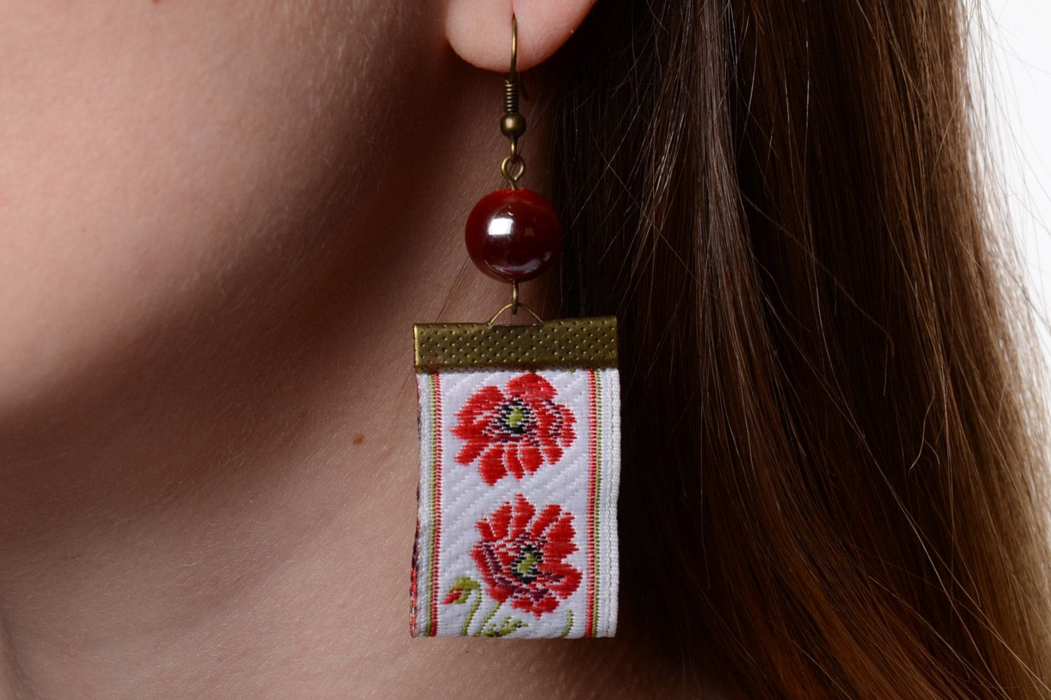 Handmade textile red charm earrings made of lace in ethnic style photo 5