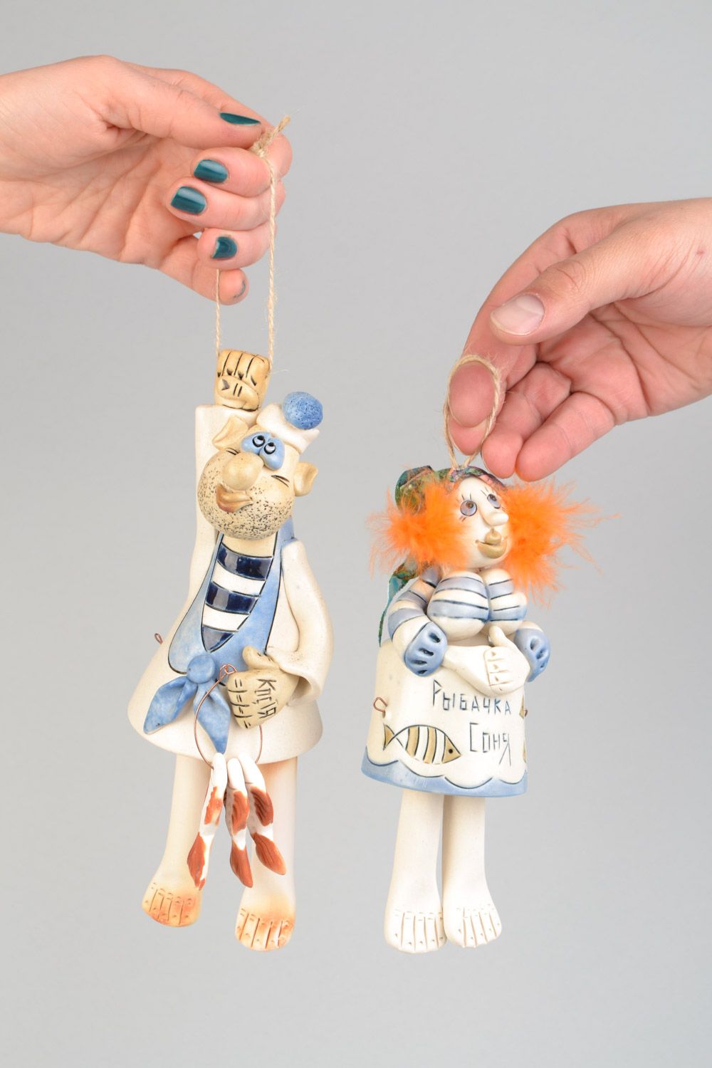 Глиняные колокольчики в виде мужчины и женщины с глазурью ручной работы 2 штуки фото 1