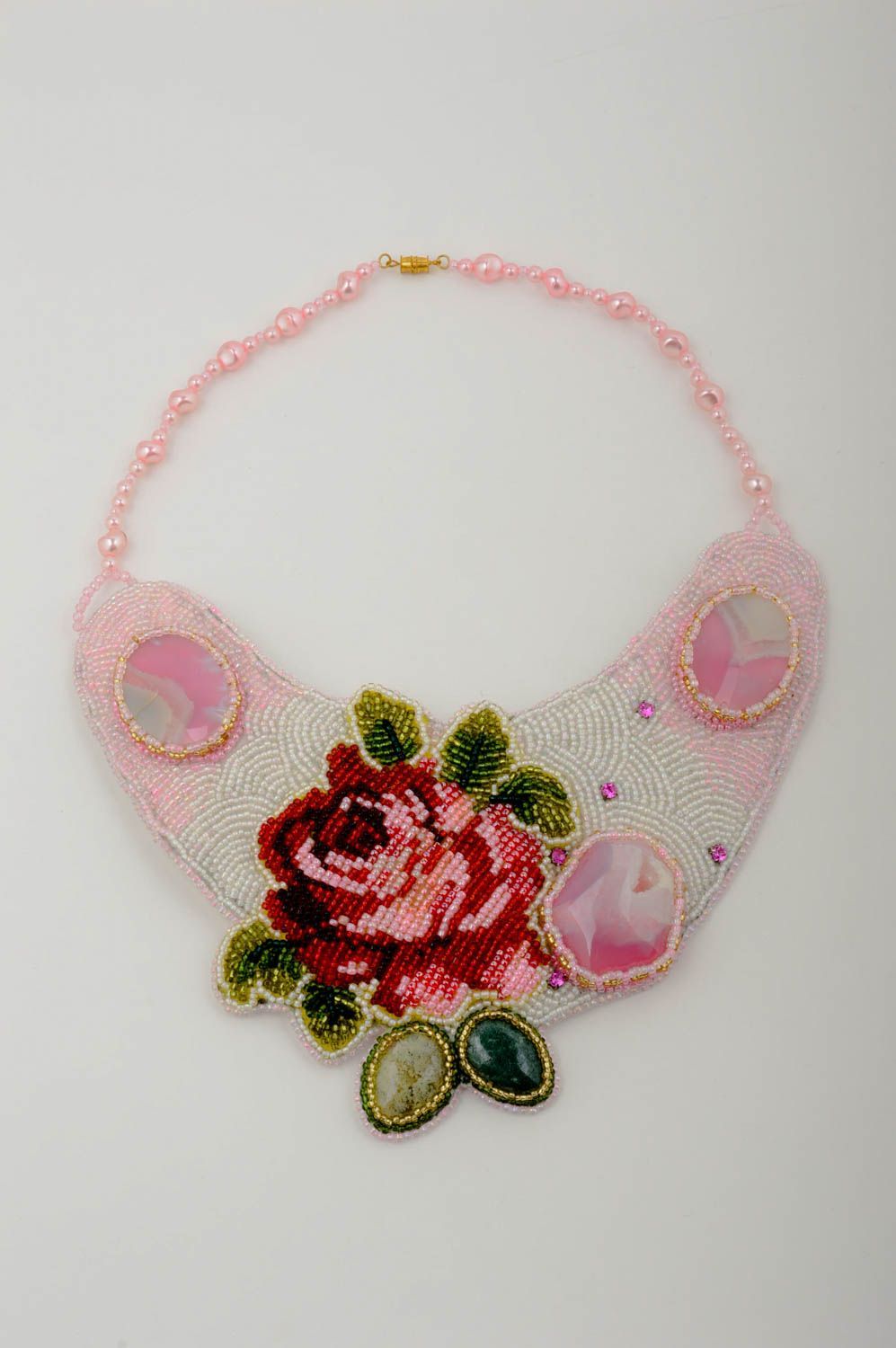 Handmade Glasperlen Schmuck Damen Collier mit Naturstein Geschenk für Frau Rose foto 2