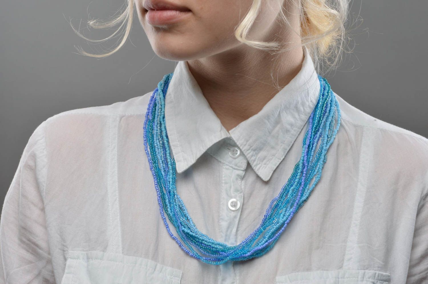 Blue necklace made of beads handmade elegant designer accessory for women photo 5