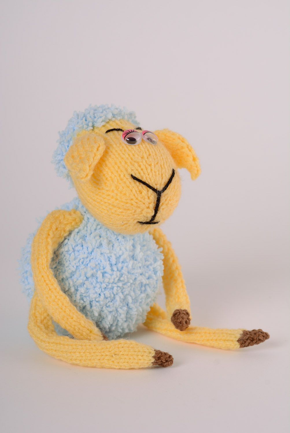 Nice blue and yellow small handmade soft knit toy sheep photo 1