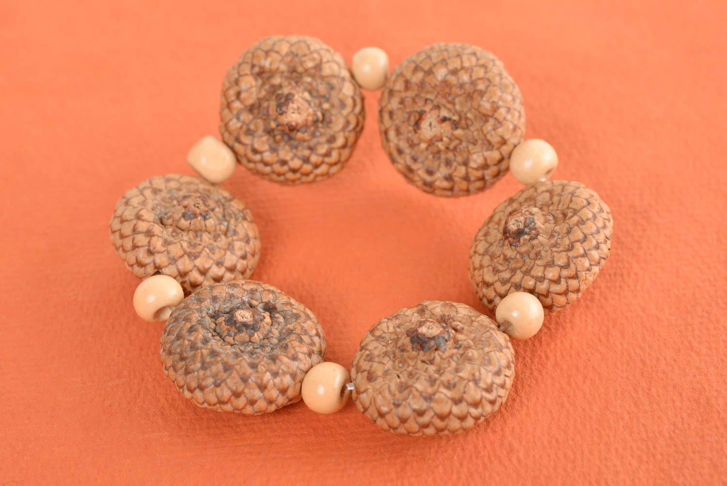 Bracelet with wooden beads and acorns handmade accessory in eco-style photo 3