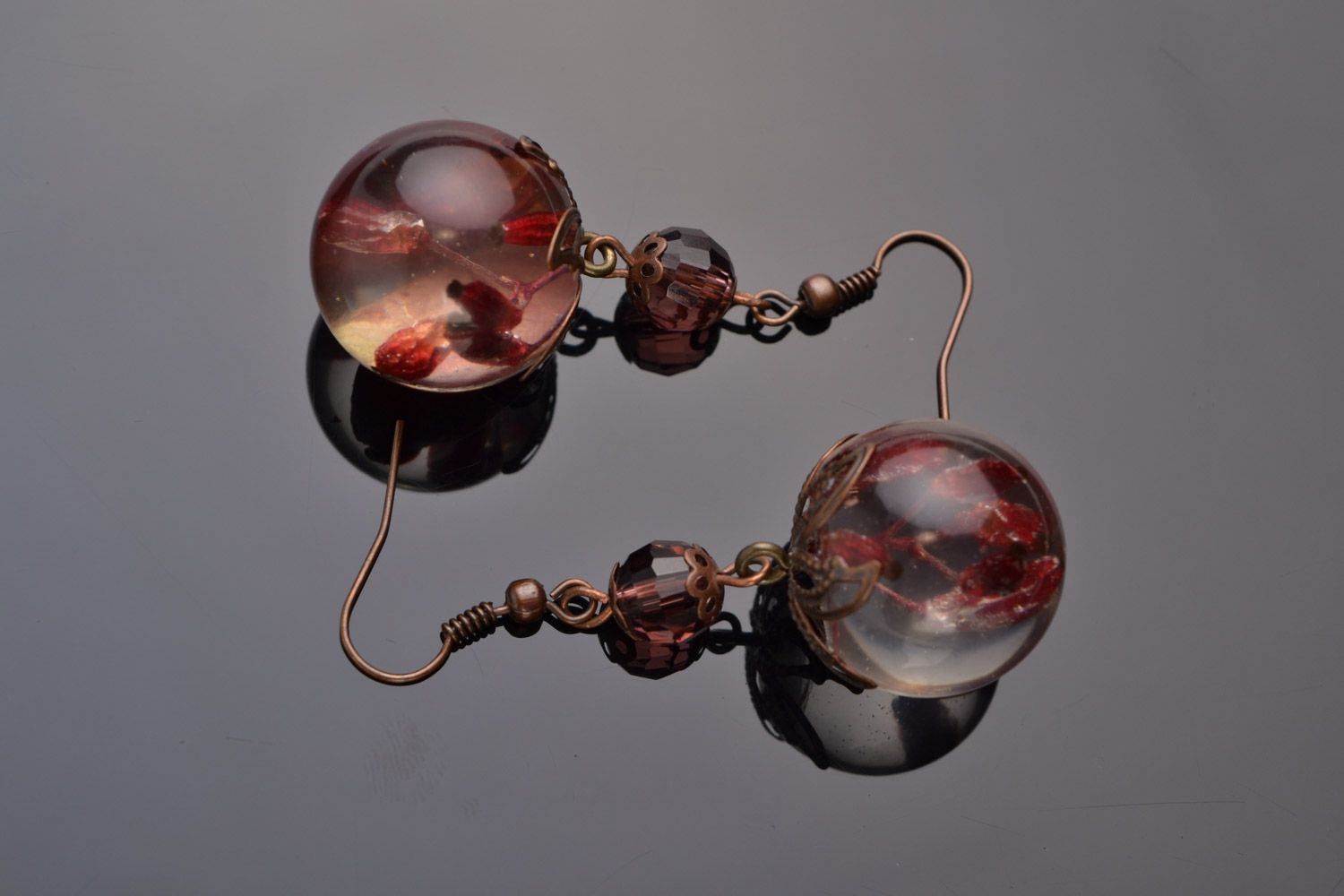 Homemade long ball earrings with barberry coated with epoxy resin photo 5