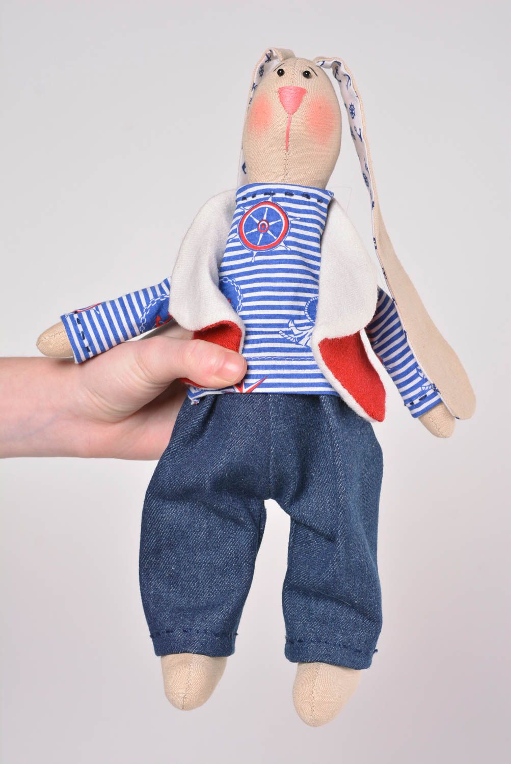 Poupée lapin faite main Jouet pour enfant lin tricot jean Cadeau original photo 2
