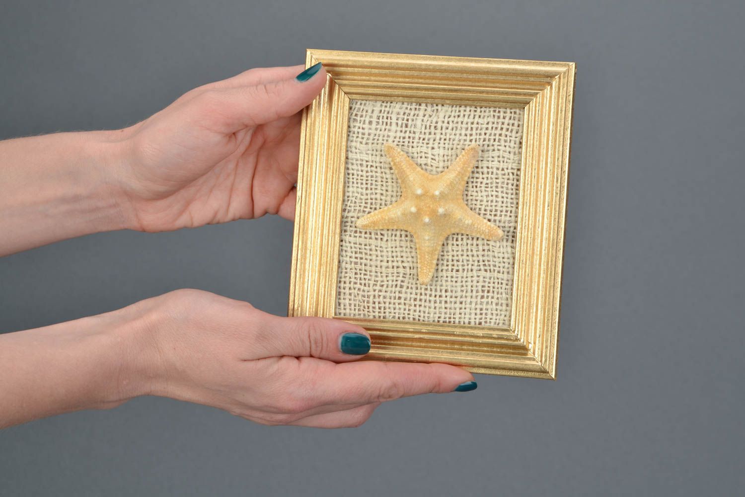 Handmade decorative wall panel on burlap basis in wooden frame with sea star photo 2