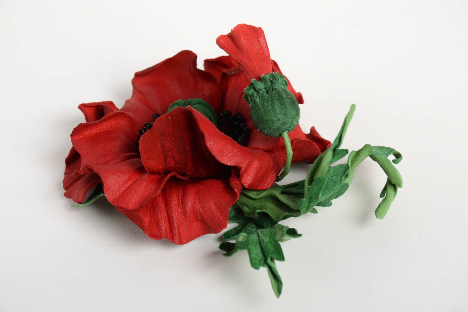 Handmade Blume Brosche Leder Schmuck Accessoire für Frauen rote Mohnblume foto 4