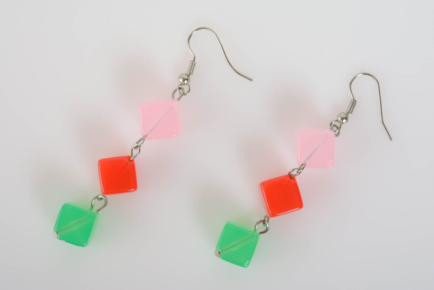 Handmade earrings with plastic beads green pink and red long designer accessory photo 1