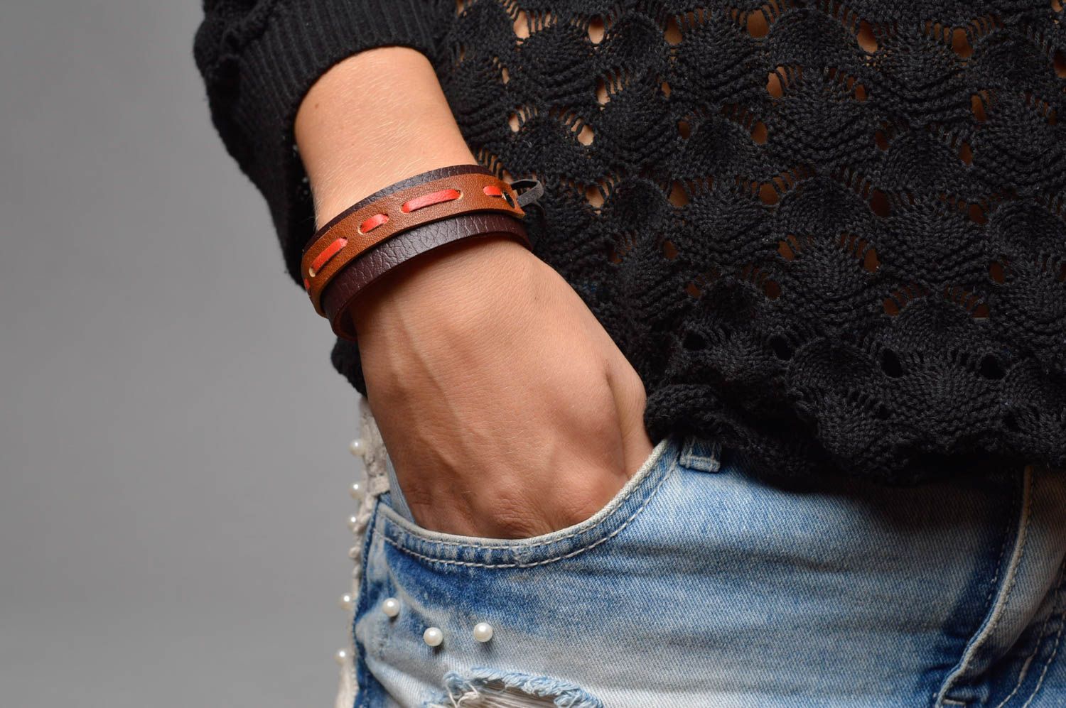 Bracelet cuir naturel Bijou fait main marron tendance Accessoire femme, photo 5