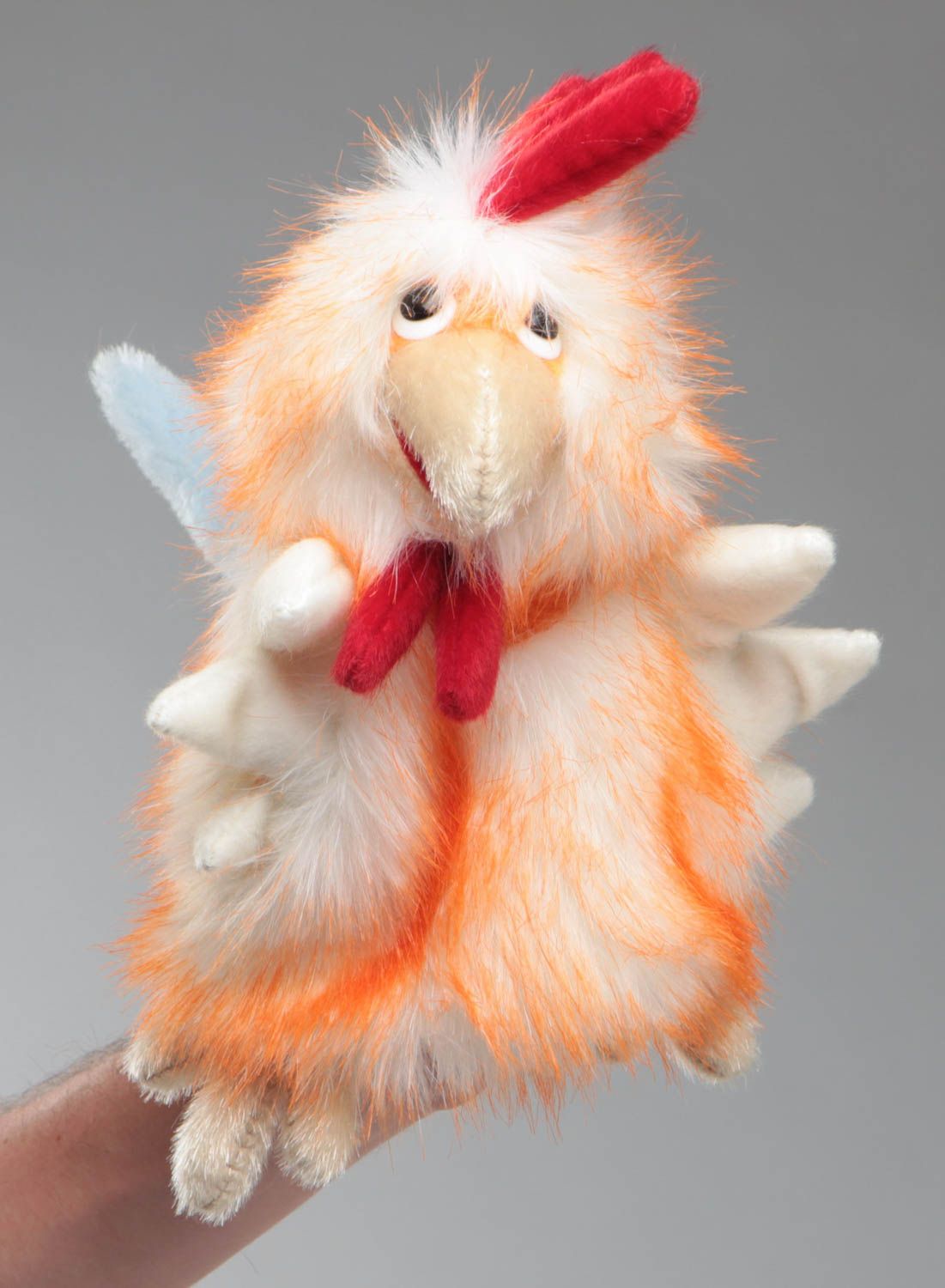 Peluche gant marionnette en fourrure artificielle blanc-orange faite main Coq photo 5