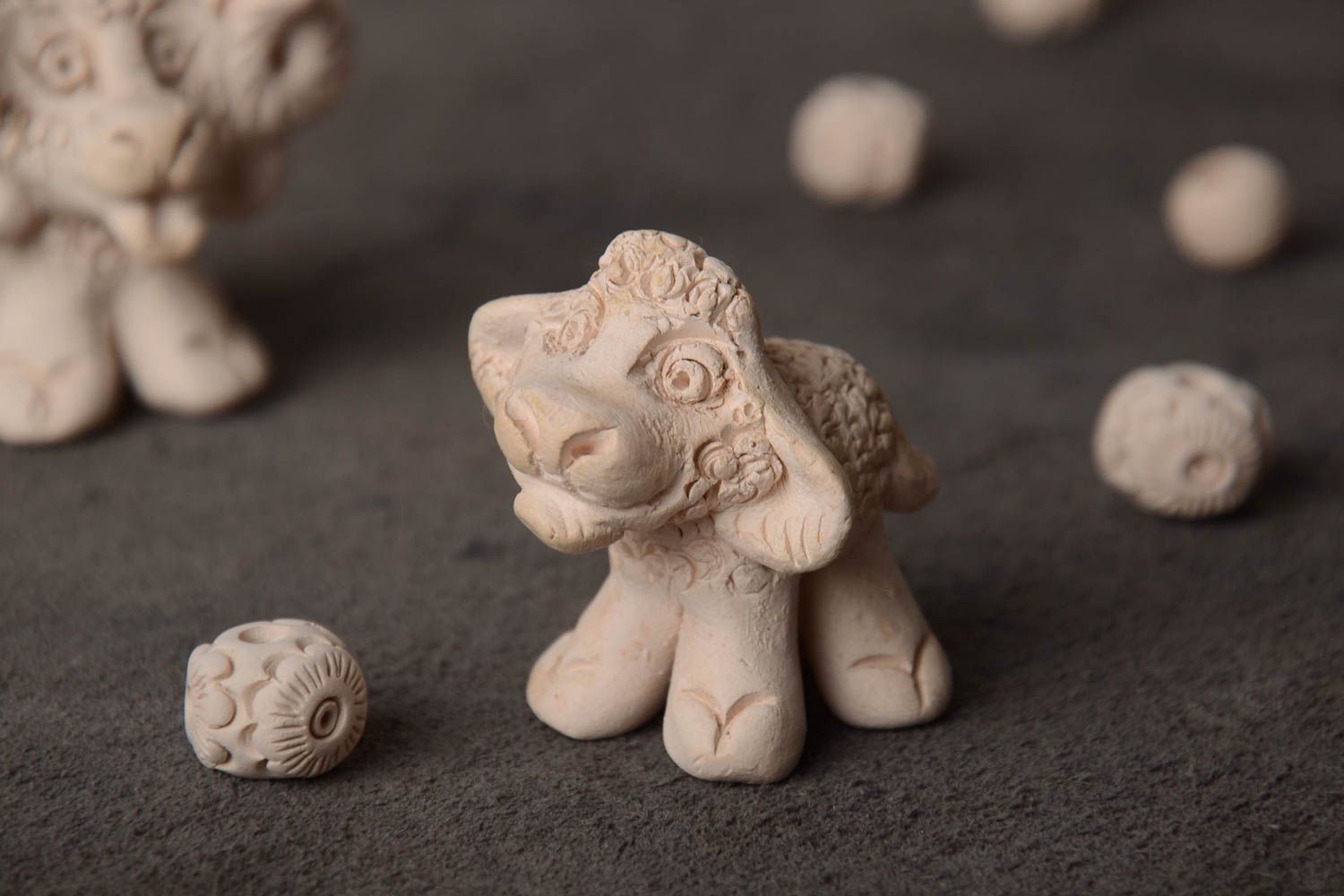 Beautiful funny handmade clay statuette of sheep small white photo 1