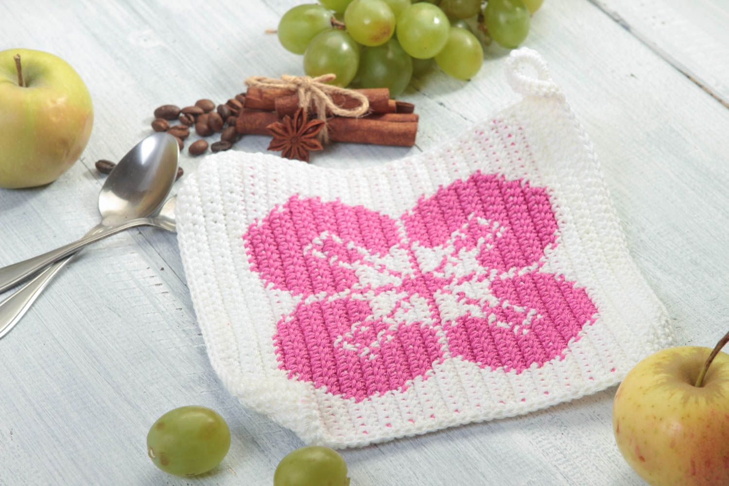 Handmade weißer Topflappen gehäkelt Küchen Textilien Haus Deko rosa Blume foto 1