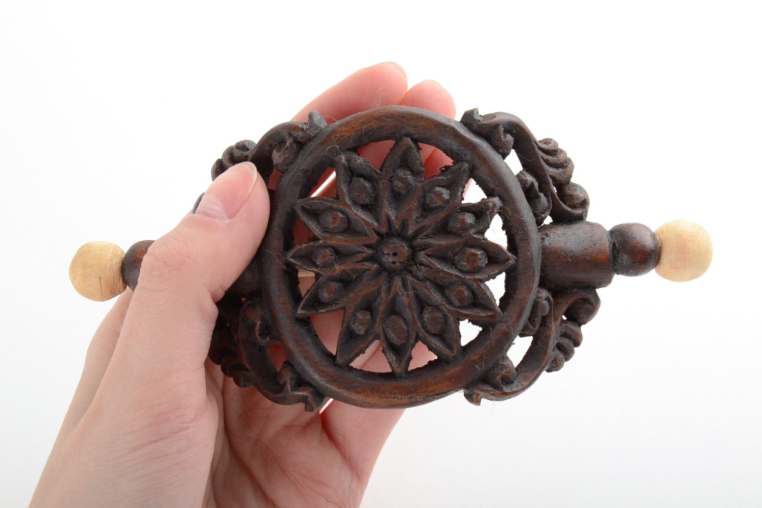 Handmade designer dark tinted wooden hair clip with carved ornament  photo 5