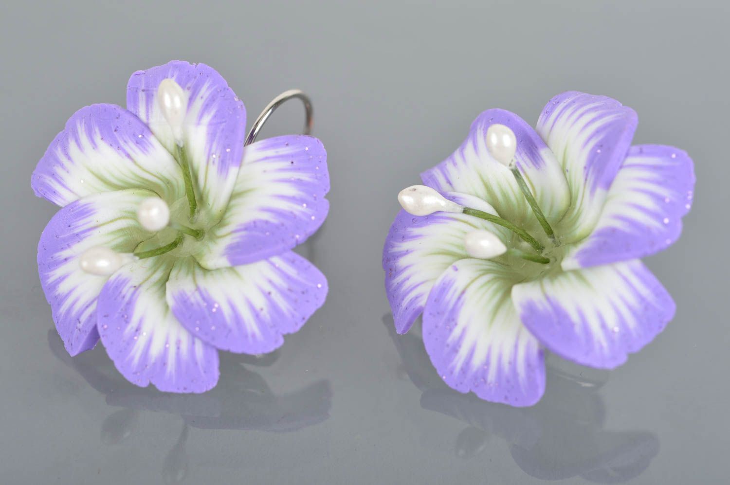 Designer cute handmade lilac earrings made of polymer clay with clasps photo 2