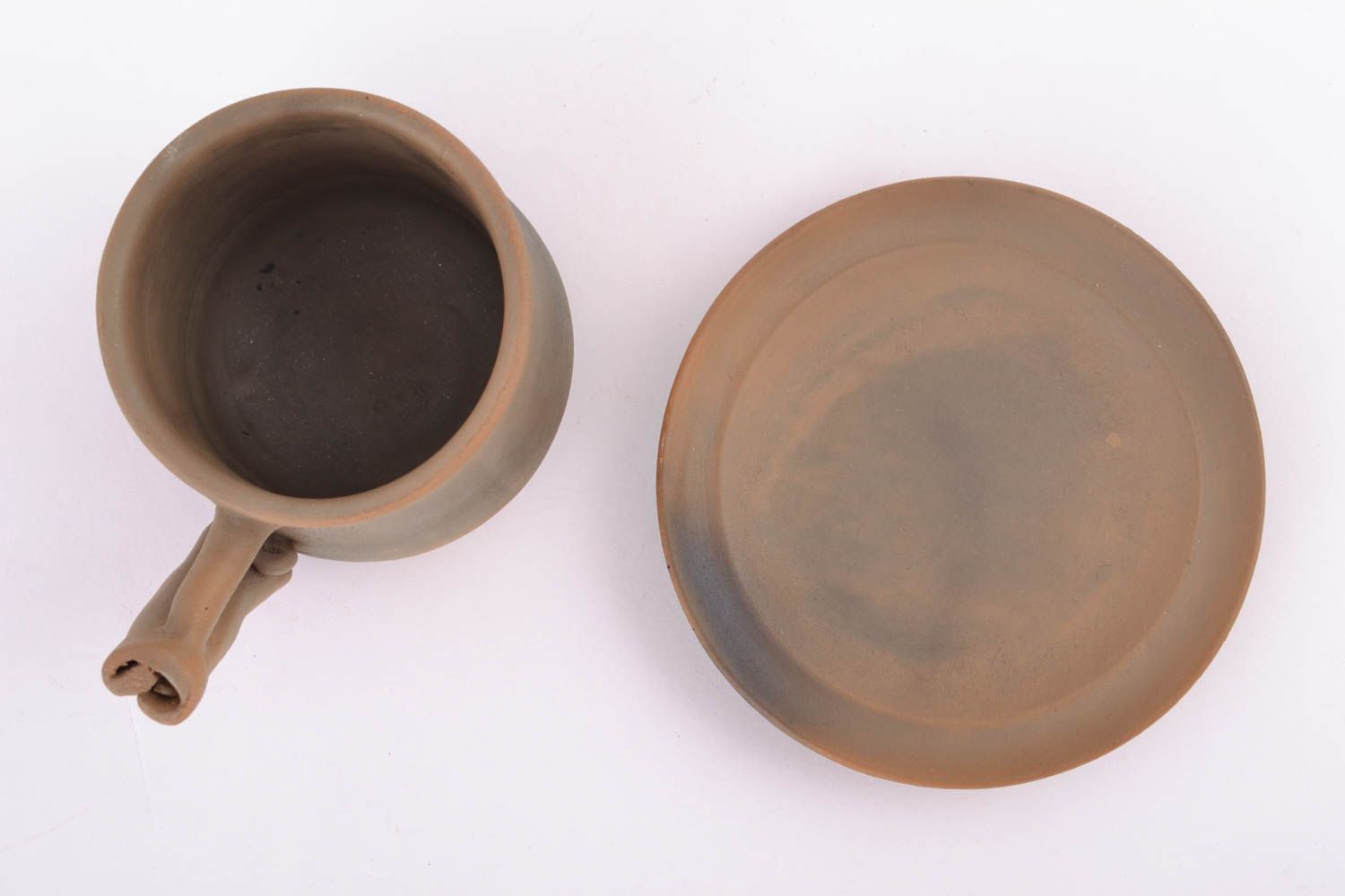 3 oz clay art hand-molded coffee cup with handle and saucer in brown color photo 5