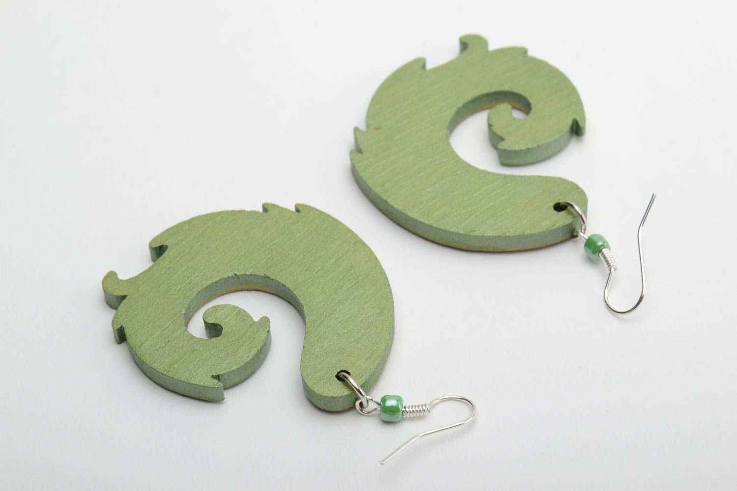 Large handmade designer green wooden eco earrings painted with acrylics photo 4