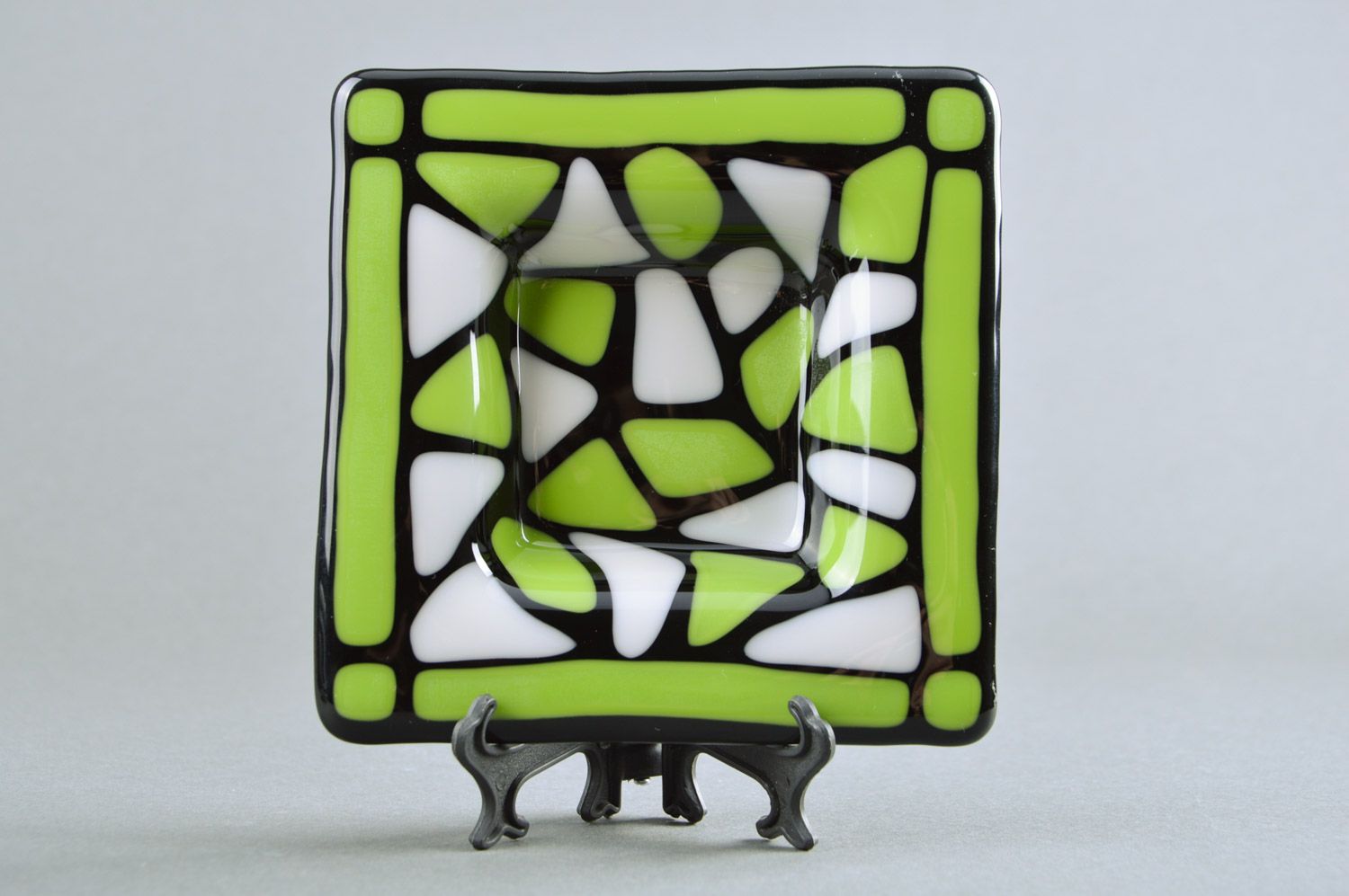 Handmade decorative fused glass square ashtray in black and green colors photo 2