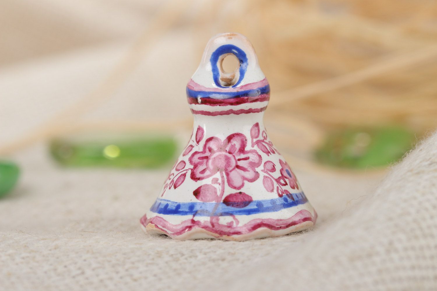 Tiny handmade ceramic bell with floral ornament for decor photo 1