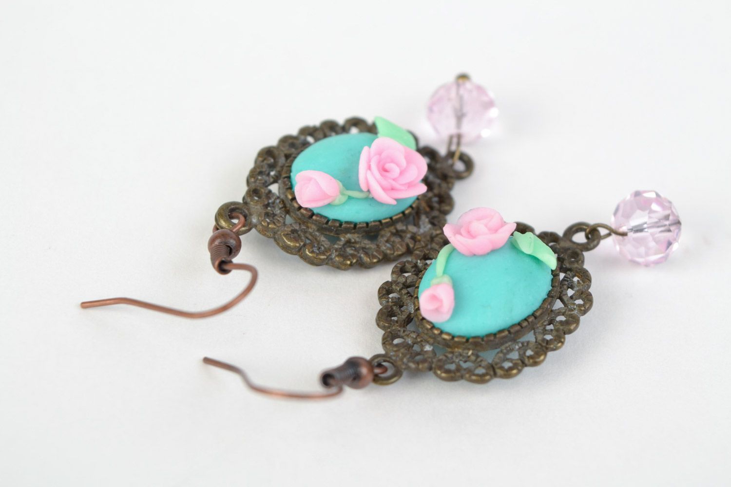 Boucles d'oreilles en pâte polymère turquoise vintage ovales faites main fleurs photo 5