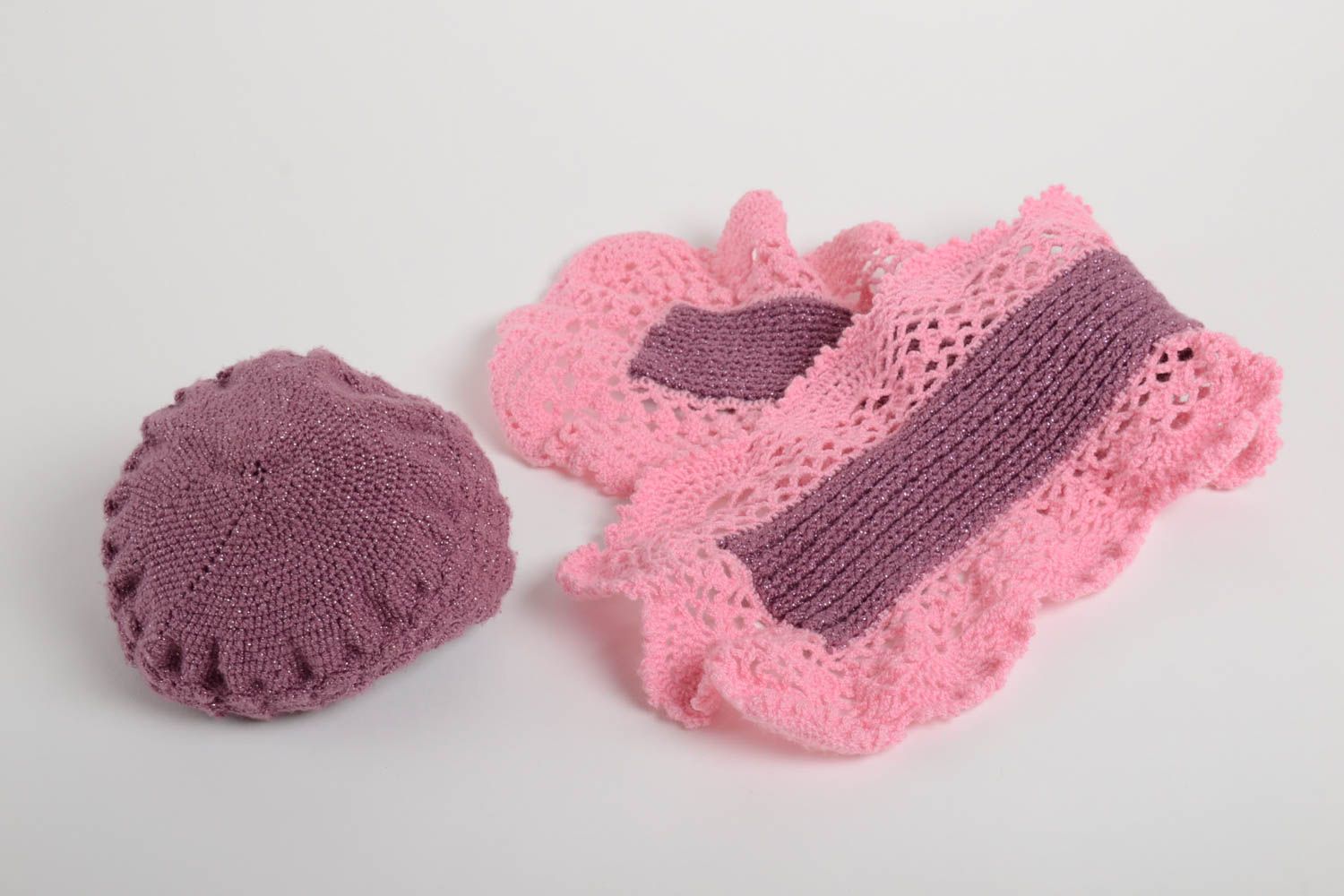 Handmade Accessoires für Frauen gehäkelte Mütze Häkel Schal aus Acryl rosa lila foto 3