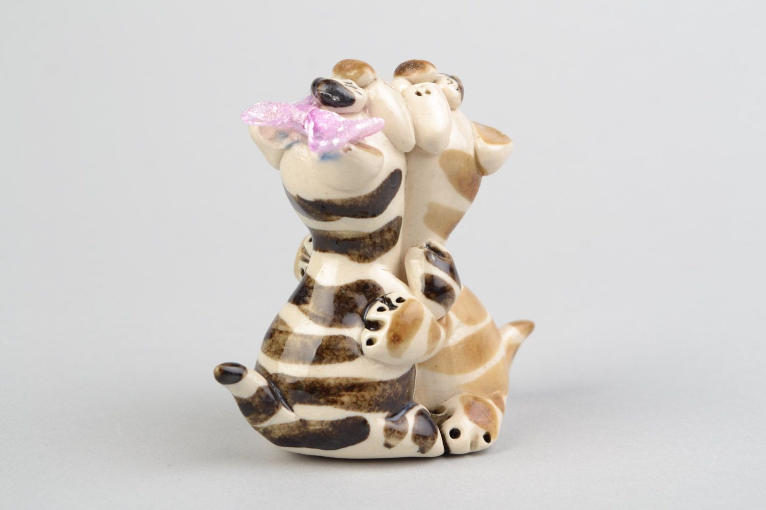 Homemade miniature ceramic figurine of cats in love painted with colorful glaze photo 4