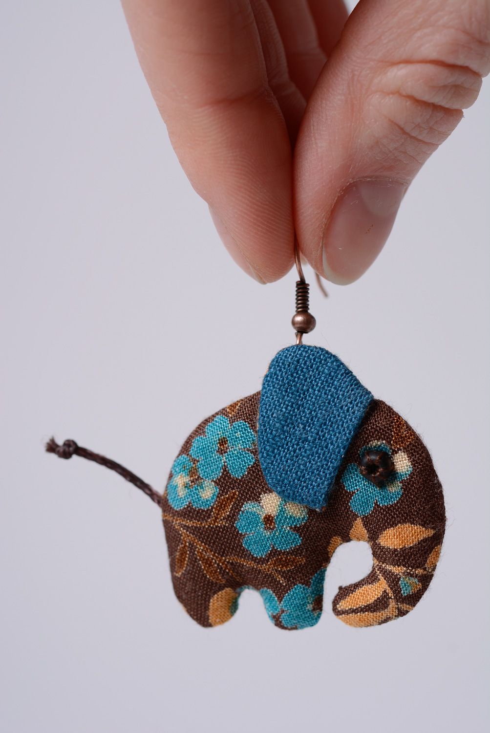 Handmade designer fabric dangle earrings in brown and blue colors elephants photo 3