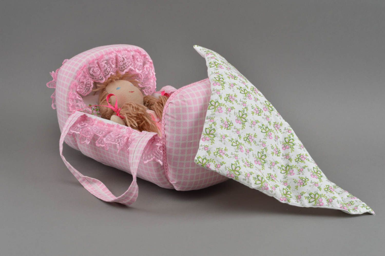 Handmade fabric toy doll in cradle stuffed toy in cradle nursery decor ideas photo 2
