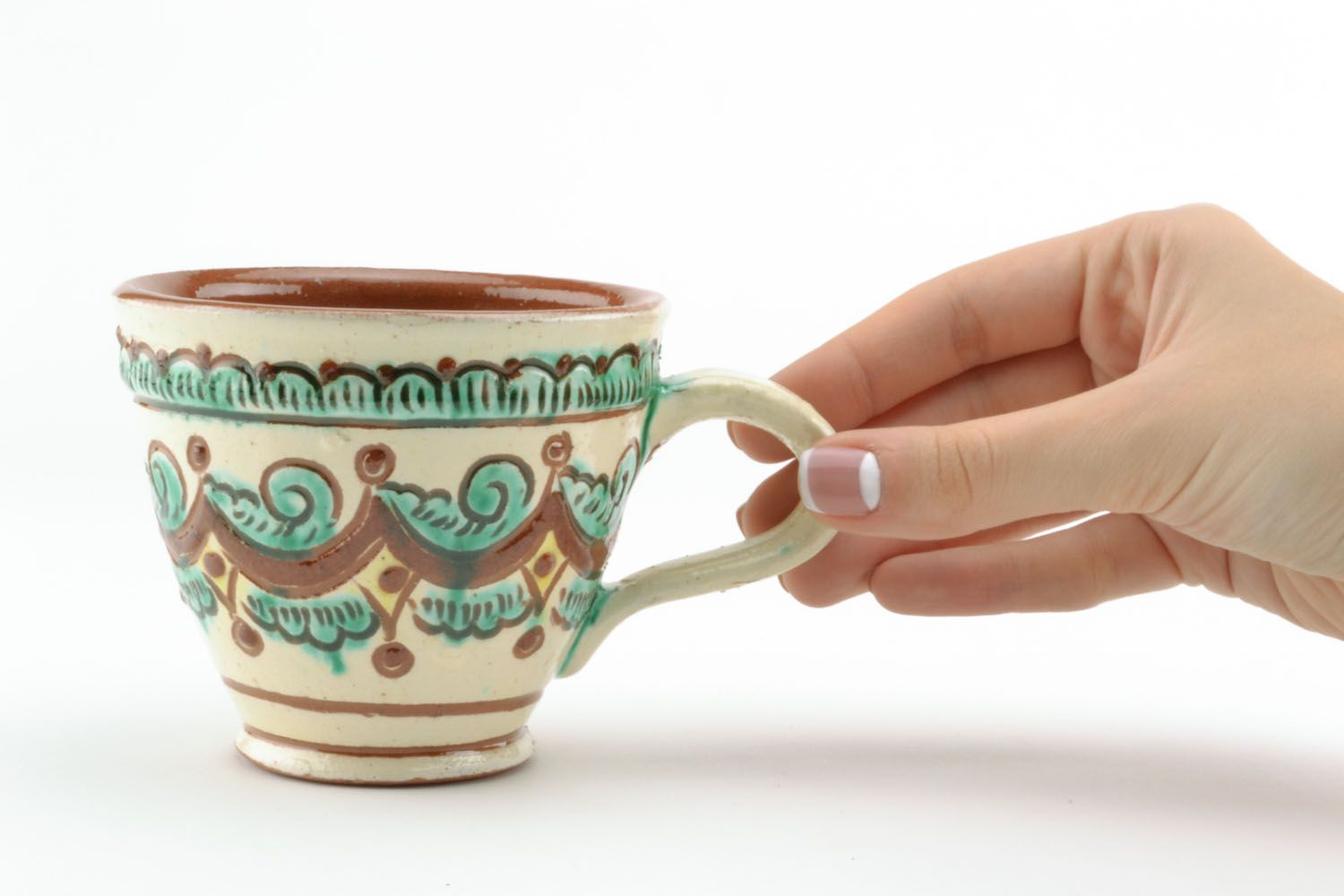 Medium size 6 oz clay glazed art decorative coffee cup in beige and green color with handle photo 2