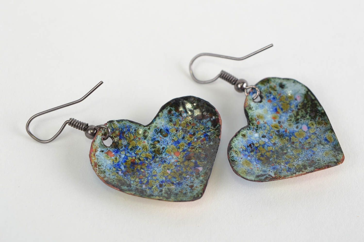 Handmade heart shaped small copper earrings with blue and yellow enamel coating photo 4